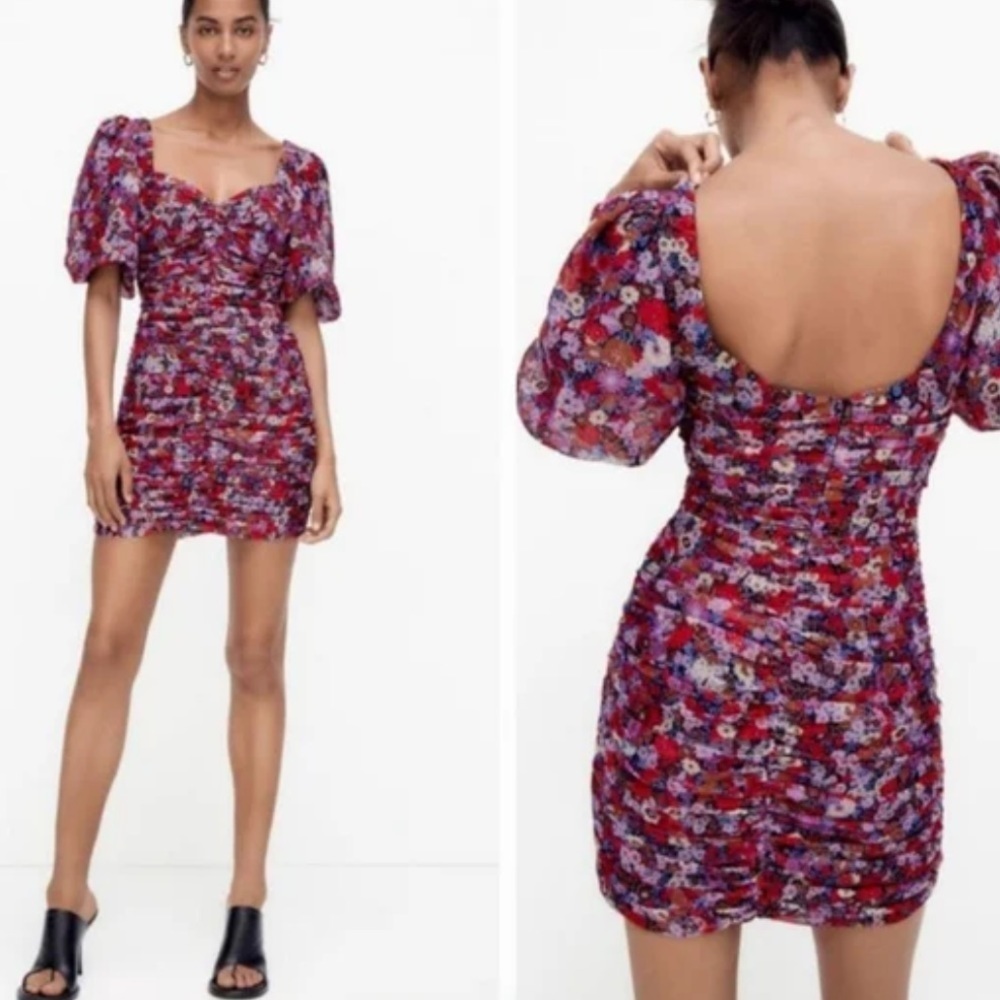 NWOT Zara Floral Print Dress with Draping and Puff Sleeves Size Medium - Picture 3 of 8